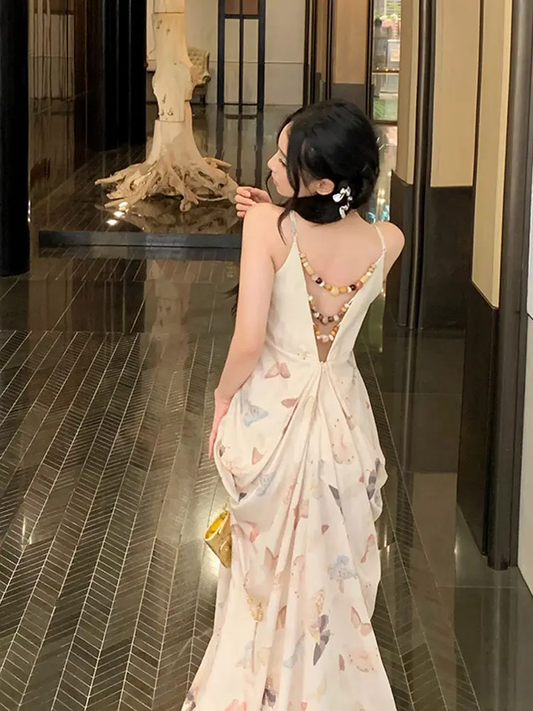 

New Chinese Style High-Grade Super Fairy Back Strap Dress Women's Summer Elegant Seaside Vacation Beach Long Skirt