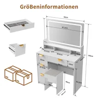 Комод для макияжа Comanlai в спальне, зеркало со светодиодной цветной подсветкой и табуреткой, ящиками для хранения и туалетным столиком с зарядкой через USB — изображение 6