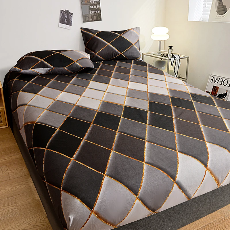 Plaid Print Fitted Bedsheet Soft Bed Cover Elastic Bed Sheets Simple Style Mattress Protector постельное белье (No Pillowcase) 2
