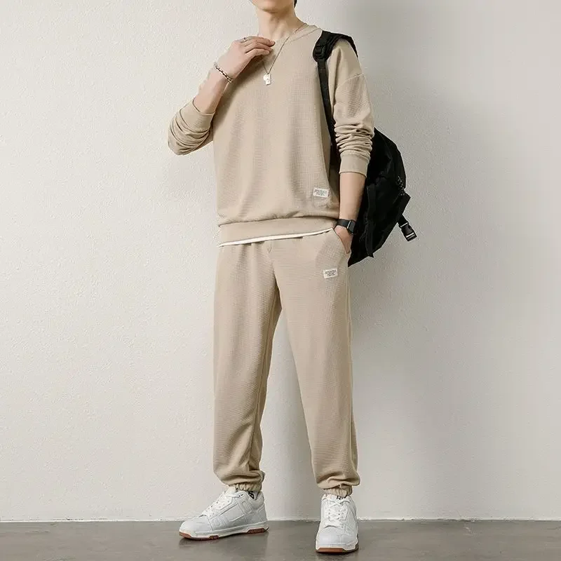 Autumn Winter Round Neck Waffle Loose Casual Sweatshirt Elastic Waist Sweatpants Suit Male Solid Color Pants Set Men's Clothing