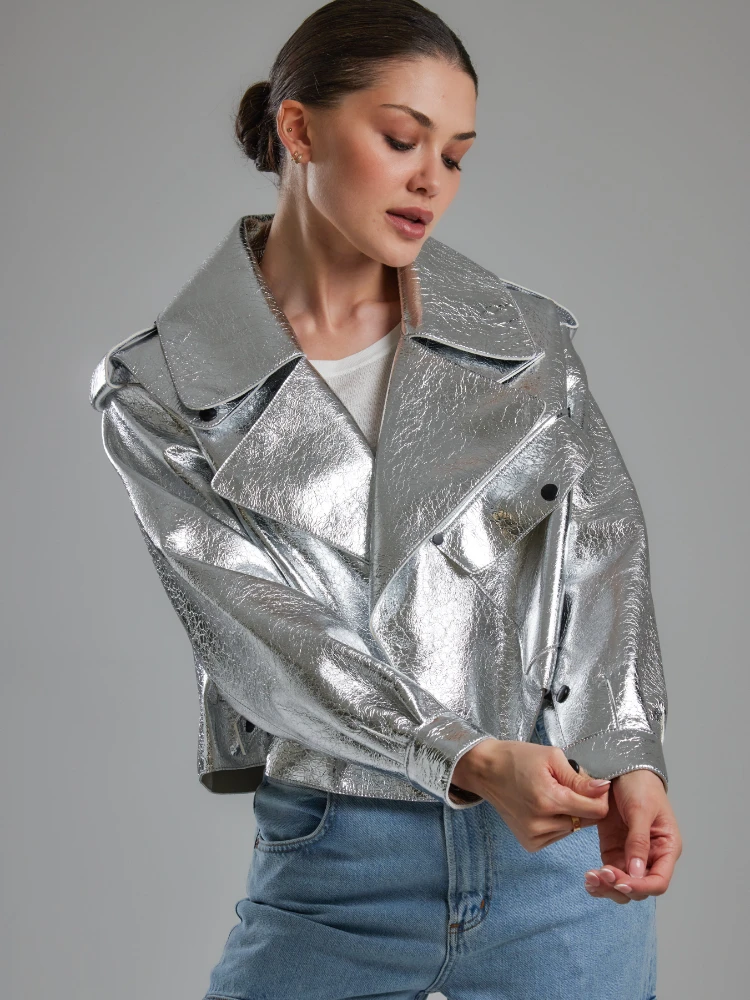 S64a7f1dd7abb488a9c5a513364dd7887p Oversized Silver Women's Fake Leather Jacket Elegant Loose Lapel Long Sleeved Coat Autumn Lady Streetwear PU Motorcycle Jackets Mallzona