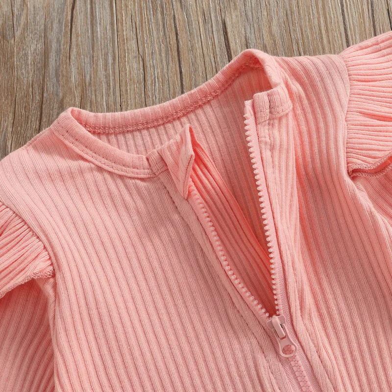2Pcs Unisex Baby Fall Set Solid Color Ribbed Long Sleeves Zip-Up Footed Romper + Hairband for Girls Boys 0-6 Months