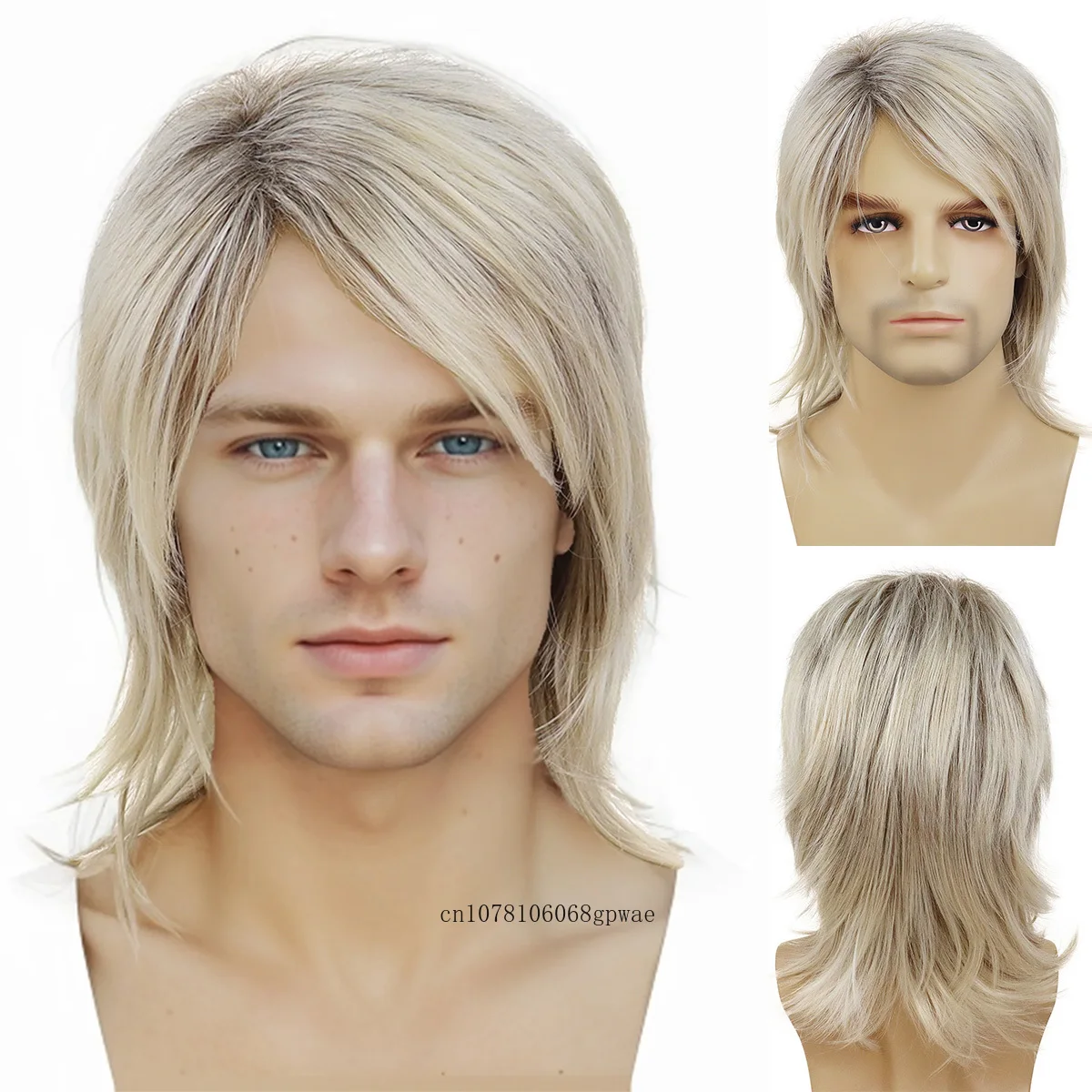 Mens Synthetic Platinum Blonde Long Natural Wavy Wigs Costume Cosplay Hair Wig Daily Party Halloween Heat Resistant