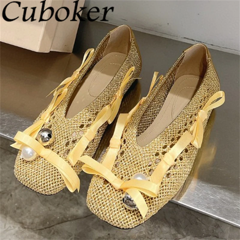 

2024 Summer New Pearl Bowknot Ballet Flat Shoes Women Designer Breathable Mesh Single Shoes Ladies Casual Loafers Shoes Mujer