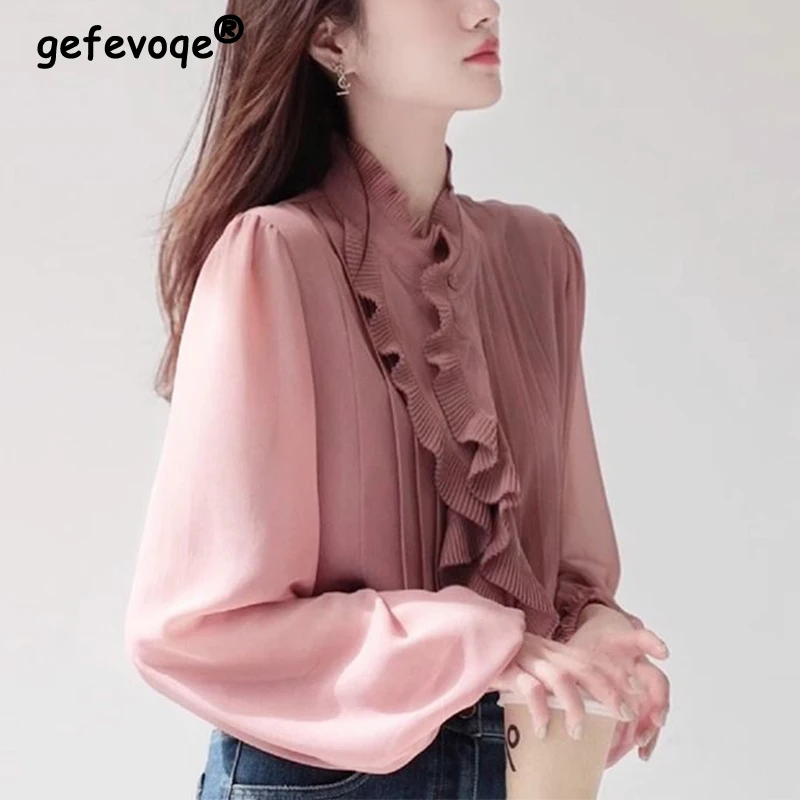 

Spring Autumn Vintage Ruffles Chiffon Shirt Women Sweet Solid Color Elegant Fashion Buttons Blouse Femme Casual All-match Tops