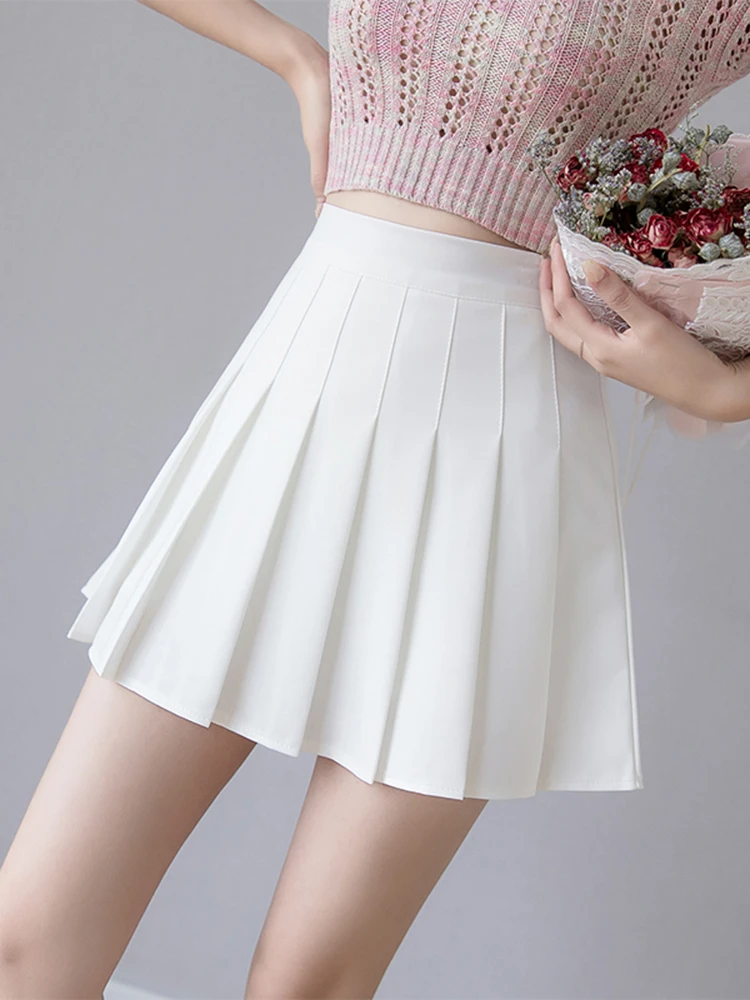 Zoki Sexy Women Pleated Skirt Summer High Waist Chic A Line Ladies Pink Mini Skirt Korean Zipper Preppy Style Girls Dance Skirt white denim skirt Dresses