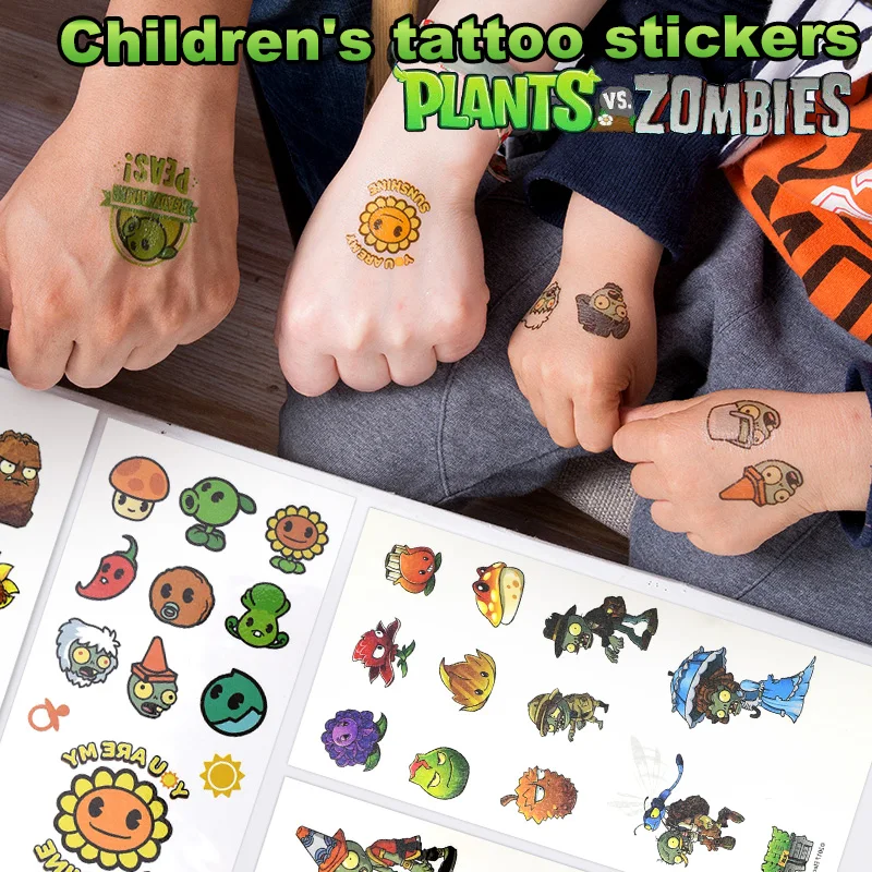 New Plant Vs. Zombie Cartoon Water Transfermation Temporary Children Tattoo Paper Fake Tattoo Stickers Toys For Boy Kids 20 25cm blue axolotl plush toys kawaii axolotl zombie creep plush peluche birthday for children kids xmas gift recommend age