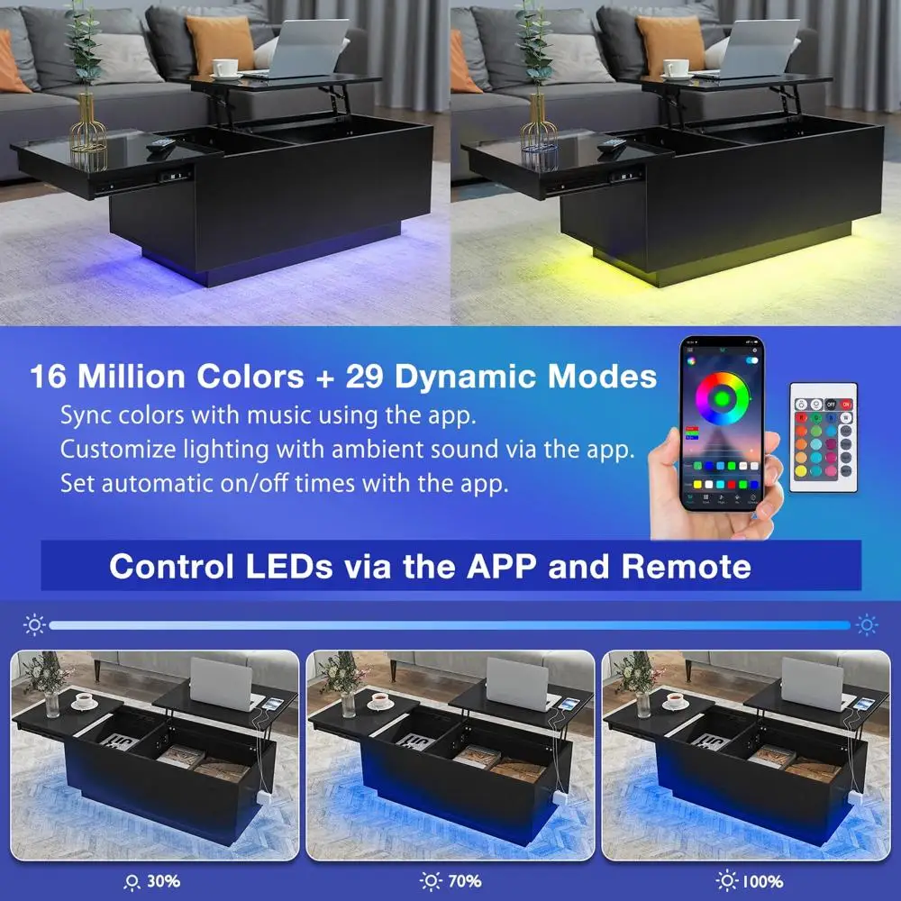 Lift Top Coffee Table with USB Ports LED Lights Storage Drawer Modern Design Rectangular Center Table Adjustable Height Indoor 6