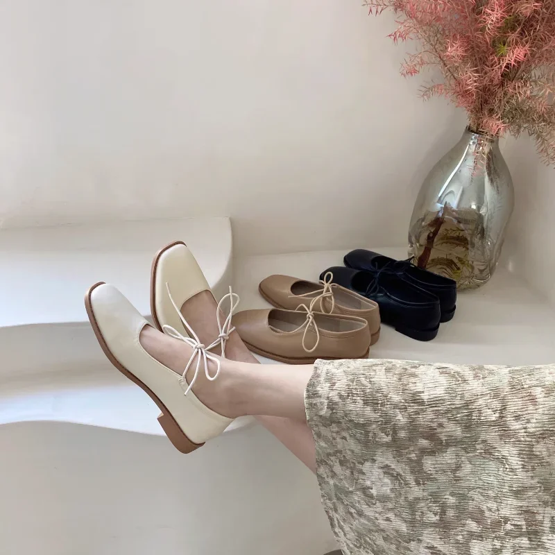 

2023 Designer Women Loafers Single Leather Shoes Fashion Elegant Lace Up Female Round Toe Shallow Flats Women Mary Jane Shoes