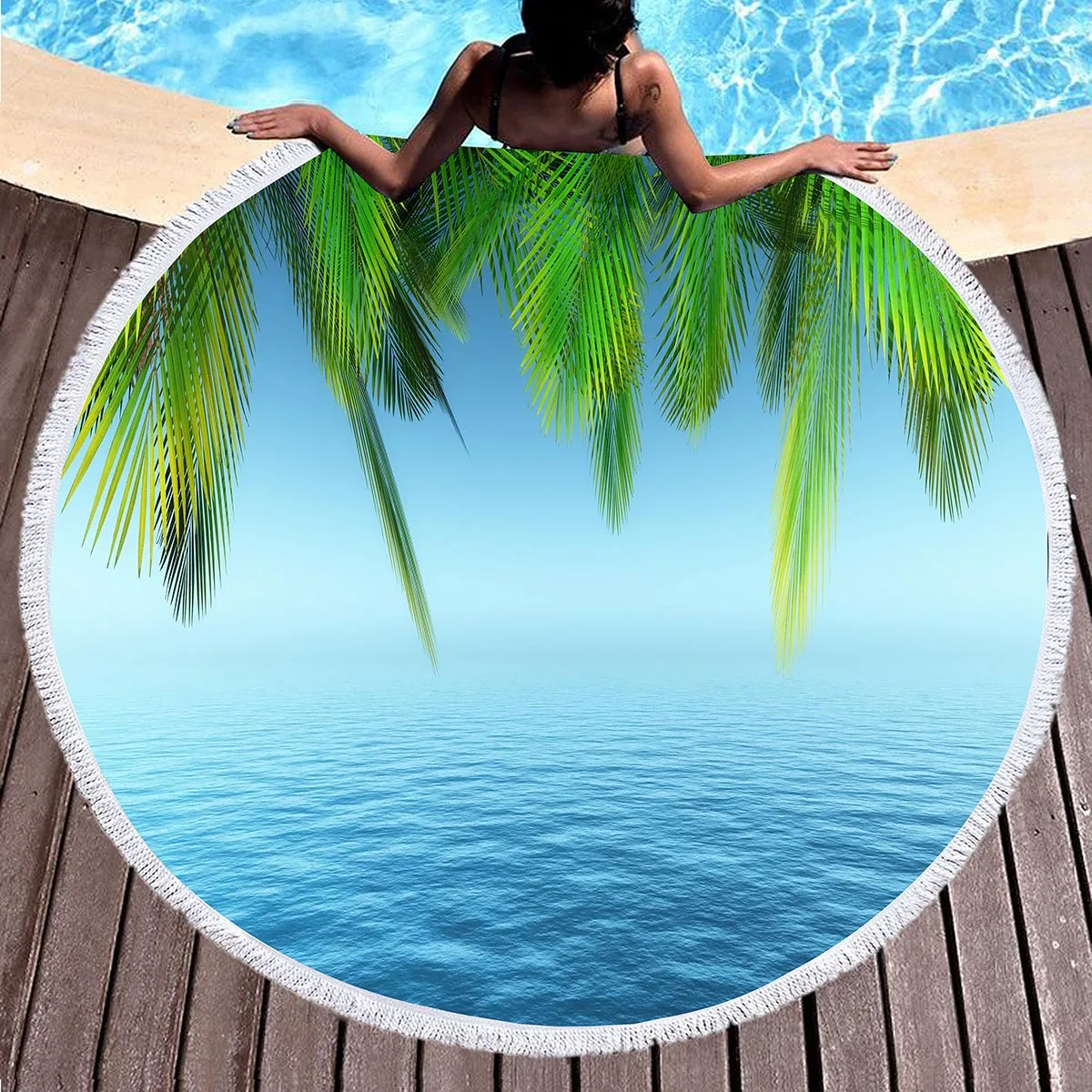 Palm Leaf Round Beach Towel,Superfine Polyester Sand Resistant Beach Blanket,Absorbent Quick Dry Pool Towel Portable Picnic Mat 6