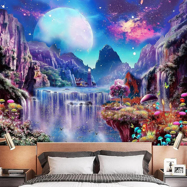 waterfall 59x59 tapestry Blacklight Fantasy Waterfall Landscape Tapestry Large Moon And Mushroom  Starry Sky Wall Hanging For Living Room Dorm Home Decor AliExpress