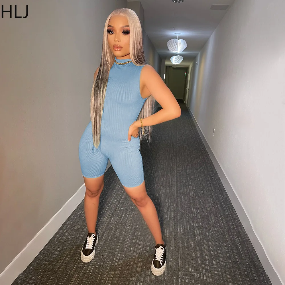 HLJ Summer Solid Color Sporty Rompers Women Round Neck Sleeveless Bodycon Jumpsuits Casual Female Ribber One Piece Overalls 2023