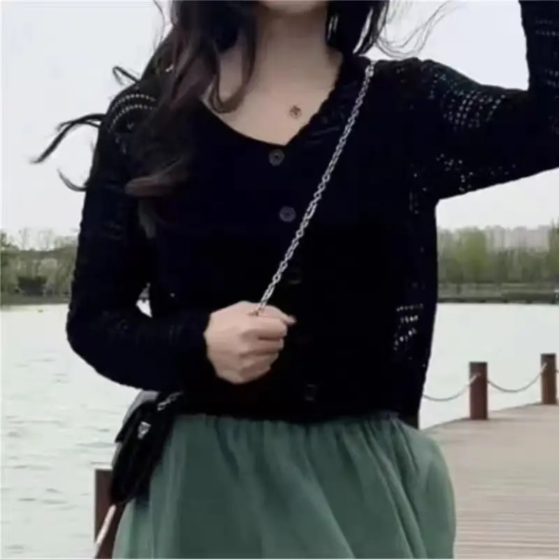 여성용 자외선 차단 의류, 심플한 캐쥬얼, 할로우 아웃, 얇은 니트 재킷, V넥, 긴팔, 단색, 슬림 탑, 2024 여름