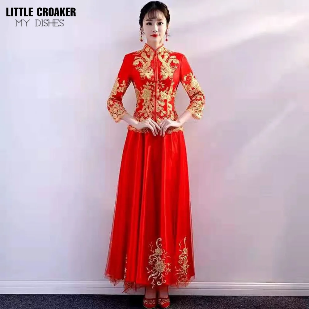 Red Party Evening Long Cheongsam Retro Dress Marriage Chinese Style Wedding Qipao Lady Clothes Gold Sequins Robe Formal Gown new cascading style wedding flowers waterfall lily of the valley tulip holding fake bouquet for marriage buquê de noiva