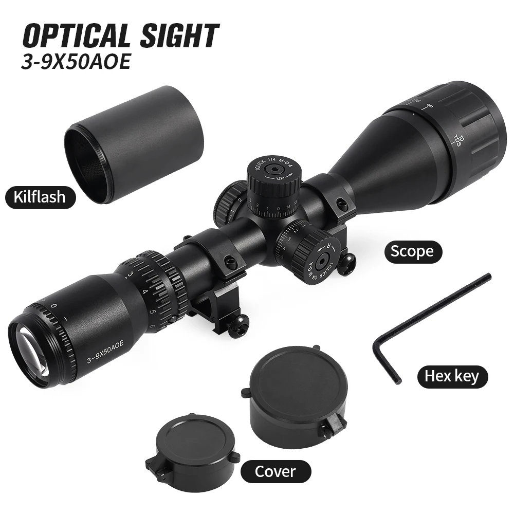 Tactical 3-9X50AOE Optical Sight Long Range Rifle Scope Red/Green Dot Laser Combo for Hunting Airsoft-Adjustable Focus