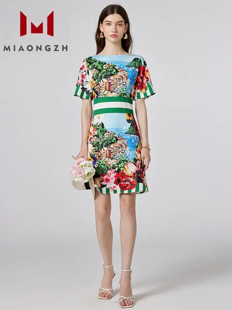 

2024 New Mini Printing Dress Women's Slimming Slash Neck Short Sleeve Patchwork High Waist Elegant Dresses Summer A Line Clothes