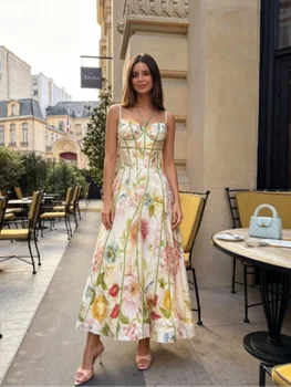 Elegant Floral Print Halter Dress Women Sleeveless Waist-closed A-line Dresses 2026 Spring Summer Fashion Female Vacation Robe 1