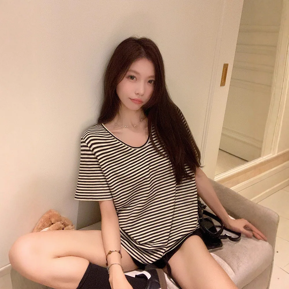 Women V Neck Striped T Shirt