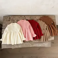 Autumn Infant Baby Girl Dress Cotton Solid Long Sleeve Newborn Girls Princess Dress Flare Cuff Knitted Ruched Toddler Girl Dress 2