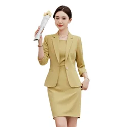 High Quality Spring Office Ladies Skirt Suit Blazer Yellow White Apricot Green Women Business Work Wear Formal Two Piece Set