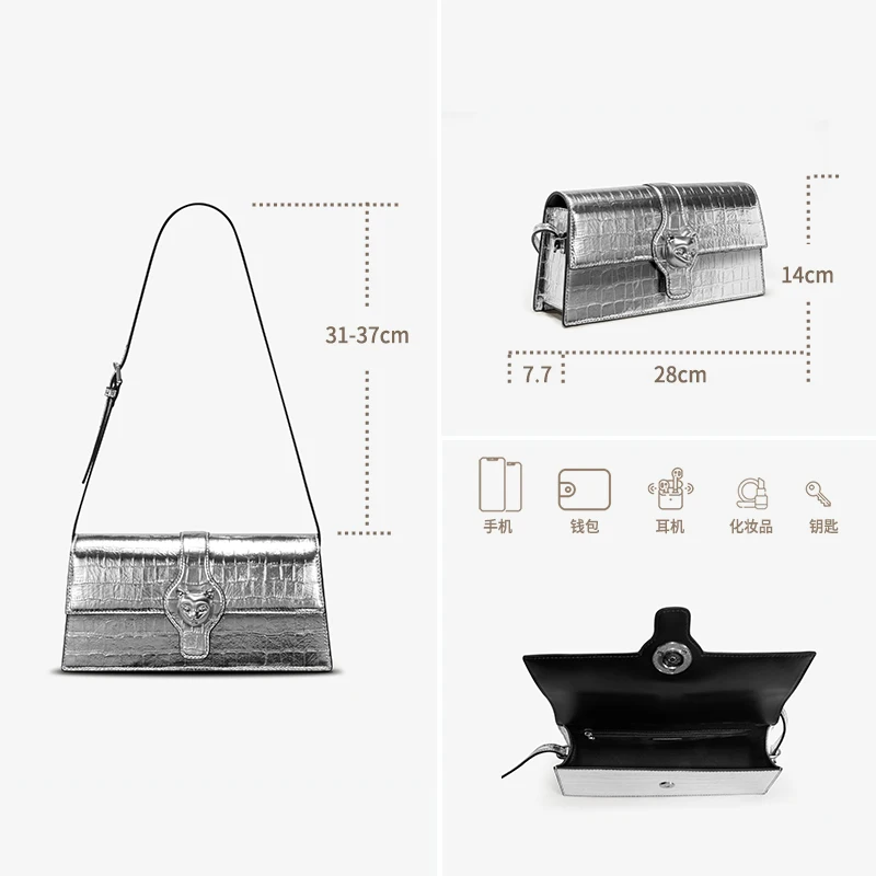 BAFELLI NEW WOMEN'S LUXURY BAGS CAT BRAND FASHION HANDBAG SILVER LEATHER CLUTCH STYLISH EVENING CASUAL PURSE HIGH QUALITY