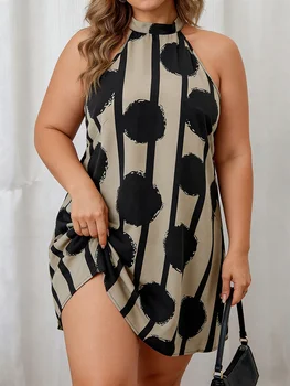 Plus Size Women's Dress Halter Neck Sleeveless Dot Print Soft Loose Dress Casual 2026 Spring Summer Chic Daily Lightweight Dress 1