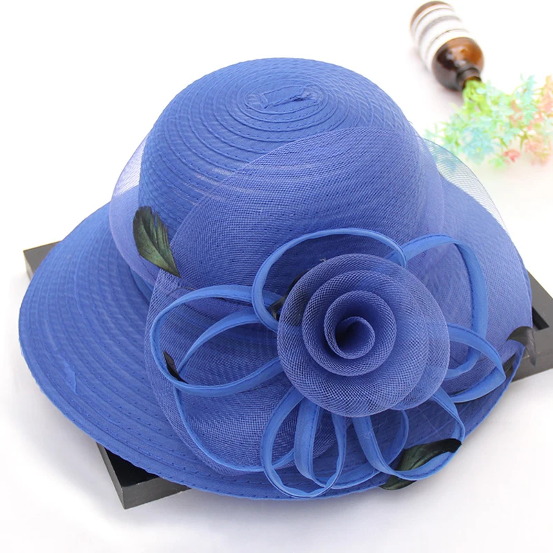 

2023 New Summer Elegant Flower Organza Sun Hat For Women Luxury Feather Wide Brim Bucket Hat Ladies Wedding Church Party Hat