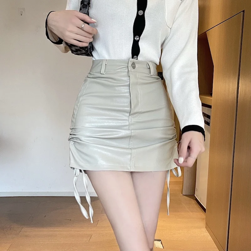 Hzirip Drawstring PU Women Mini Skirts Plus Size Sexy Autumn Chic All Match Party Slim 2021 Prom Casual High Waist Office Lady skirts for women