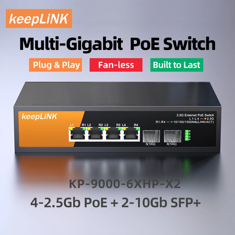 4-PoE 2.5Gb 이더넷 및 2-SFP+ 10Gb 업링크를 갖춘 KeepLiNK 6포트 멀티 기가비트 네트워크 스위치