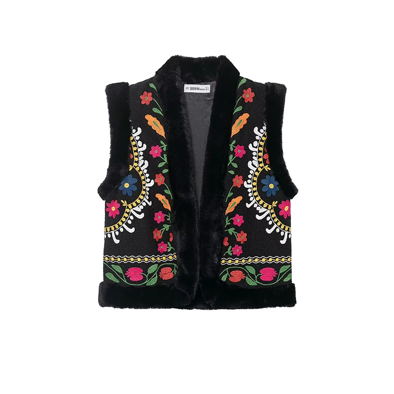 Women Chic Elegant Floral Embroidery Vest Sleeveless Jackets Streetwear Faux Fur Vests Coat Autumn Winter Fashion Waistcoats Top