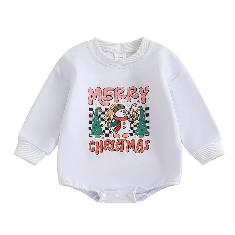 Baby Christmas Sweatshirt Romper Letter Snowman Print Round Neck Long Sleeve Jumpsuit