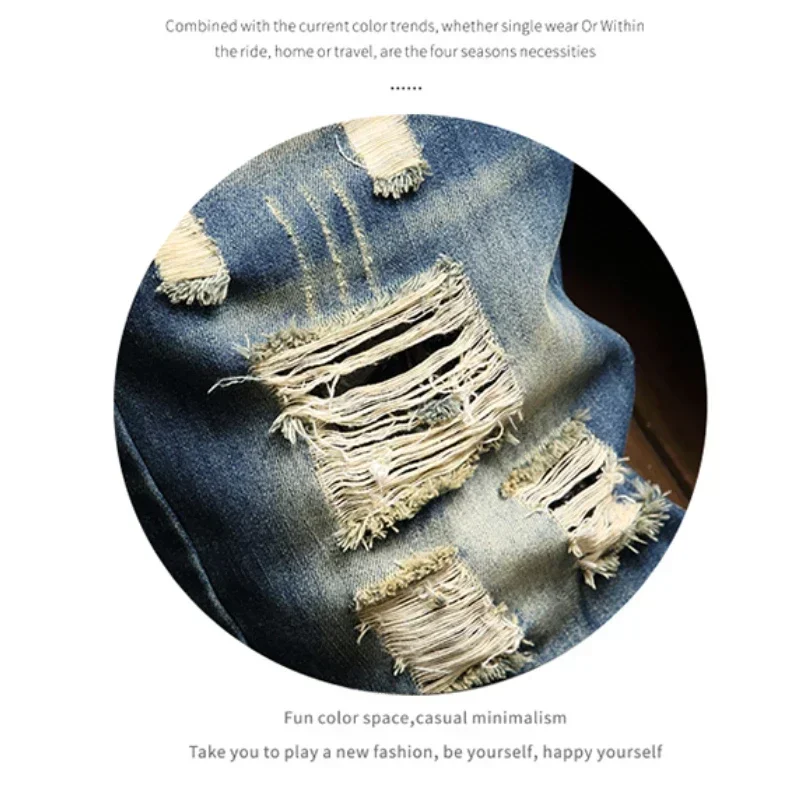 2025 Summer Ripped Denim Shorts Jeans Men's Five Quarter Loose Size Medium Pants Fashion Brand Personality Beggar 6