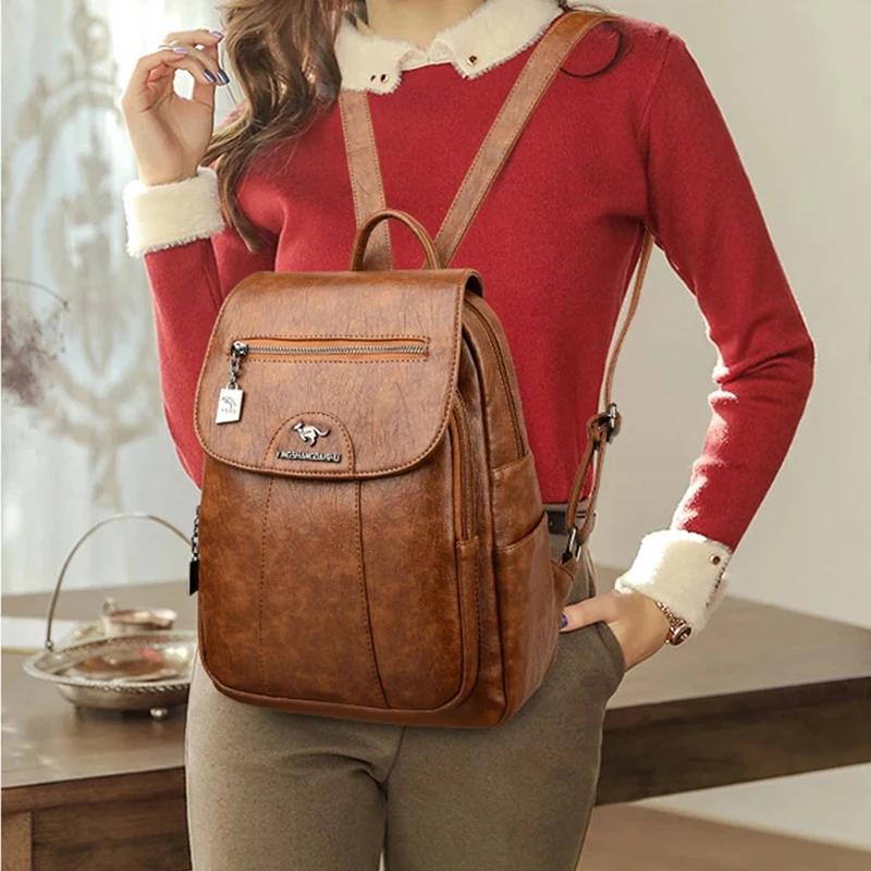 2024 New Women Soft Leather Backpacks Vintage Female Shoulder Bags Casual Travel Ladies Backup School Bags