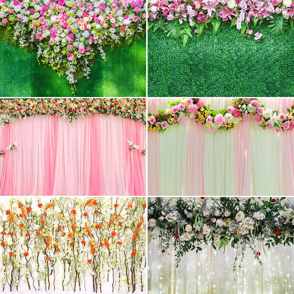 

Bonvvie Photo Backdrop Pink Flowers Green Leaf Arrangement Wedding Party Decor Photocall Background Props for Studio Photography