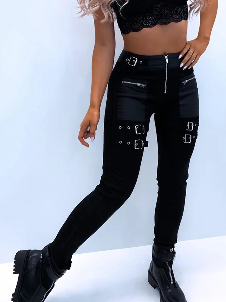 Patchwork Pants Women 2023 Autumn Eyelet Buckled High Waist Zipper Design Skinny Long Pants All-Match Female YK2 Streetwear