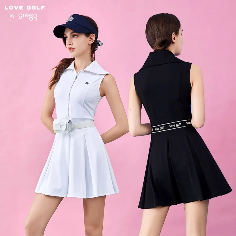 

Женское платье для гольфа Love Golf, корейское Спортивное платье на молнии с воротником, дышащее платье для гольфа без рукавов, летнее облегающее элегантное платье-рубашка поло для девушек