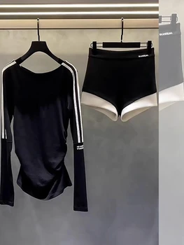 Spring Fashion plus Size Women's Black Stripe Slim Fit Long Sleeve T-Shirt Shorts Two-Piece Set High Waist Casual Commute Style