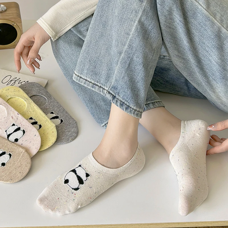 5 Paar neue unsichtbare Damensocken mit Cartoon-Panda-Motiv, Sommer, Mujer, Silikon, rutschfest, Chaussette, weiblich, weich, atmungsaktiv, dünne Bootssocken – Detail 4