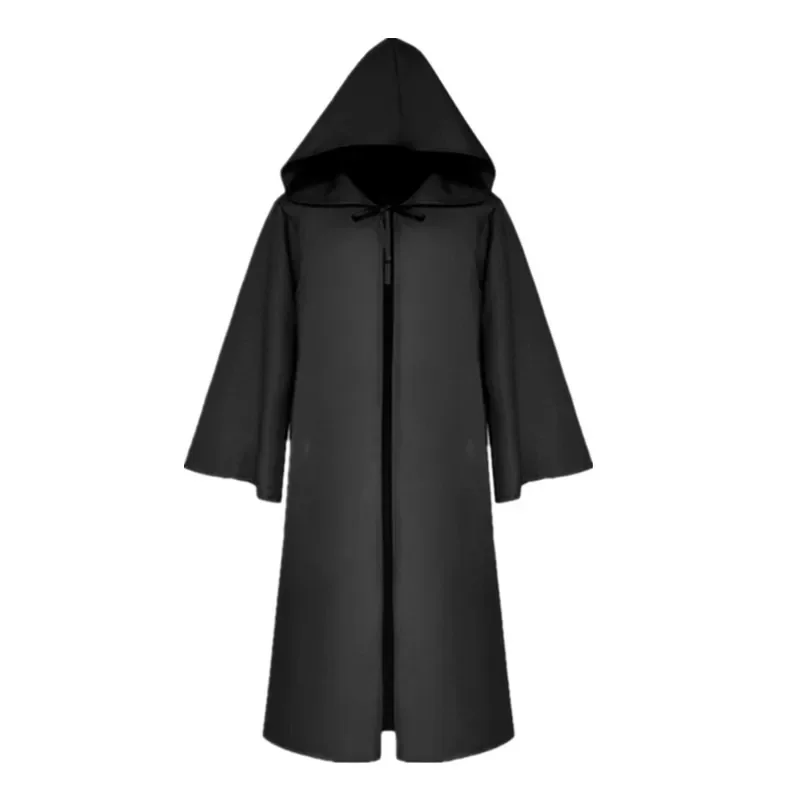 Halloween Medieval Black Robe Cloak Costume Adult Priest Cosplay Hooded Costume and Scary Spooky Loose Cloak for Kids Ladies