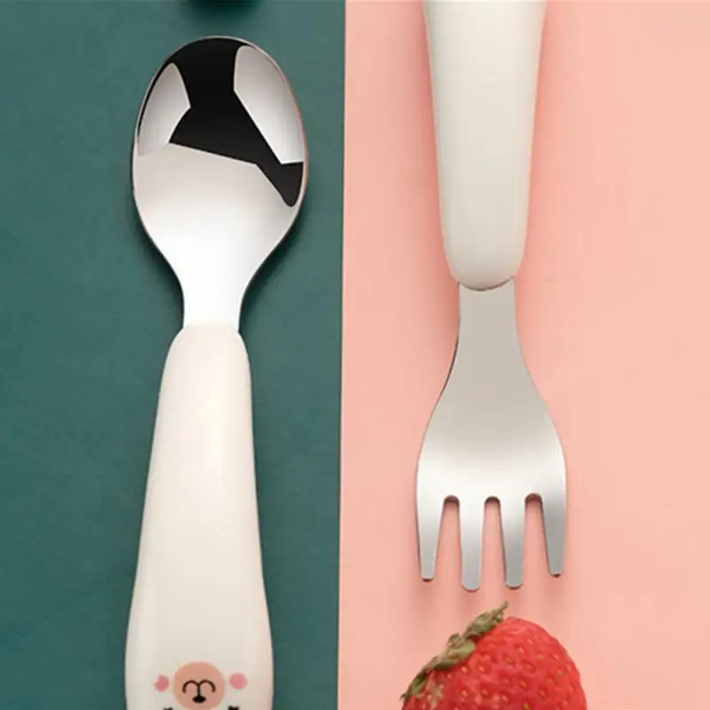 Baby Cartoon Tableware Set Baby Spoon Fork Stainless Steel Toddler Dinnerware Cutlery Infant Food Feeding Utensil Gadgets