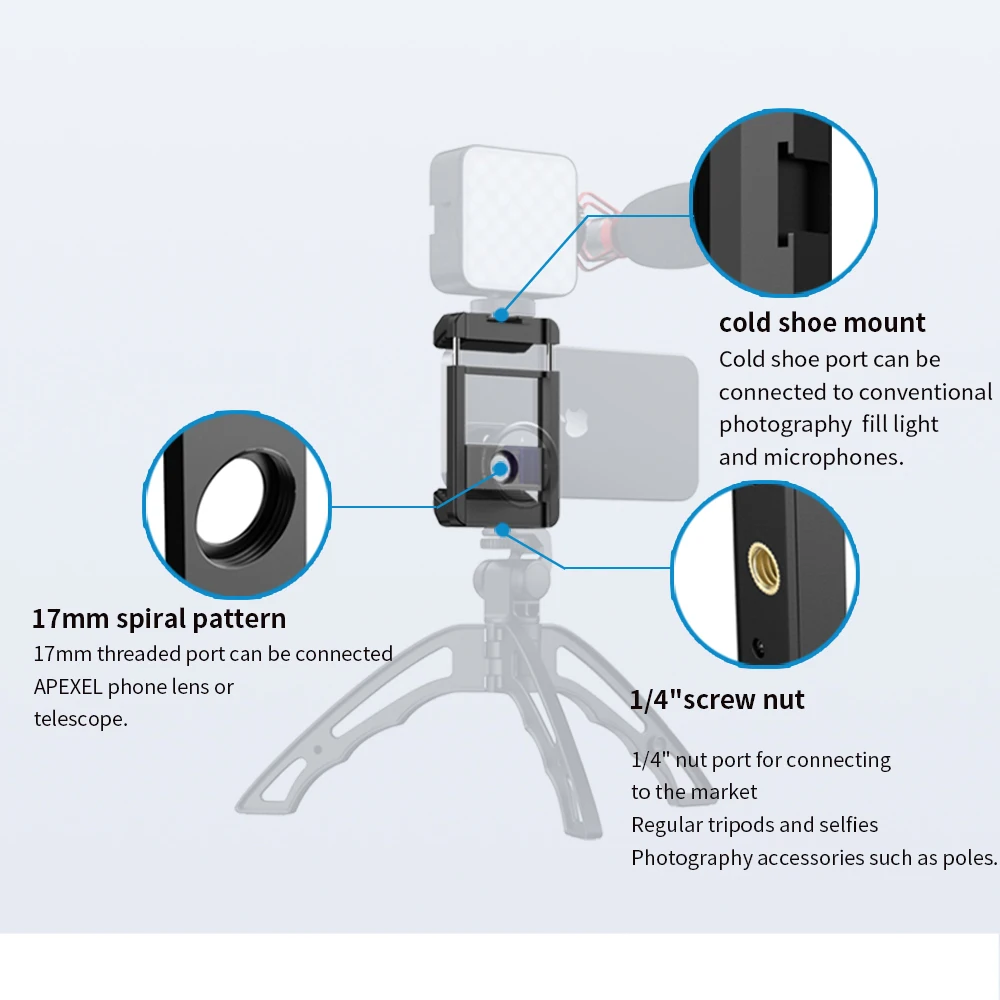 APEXEL shooting Phone Mount Holder With Cold Shoe Tripod Mount Clamp For Monocular Telephoto Phone Lens Vlog Shooting 5