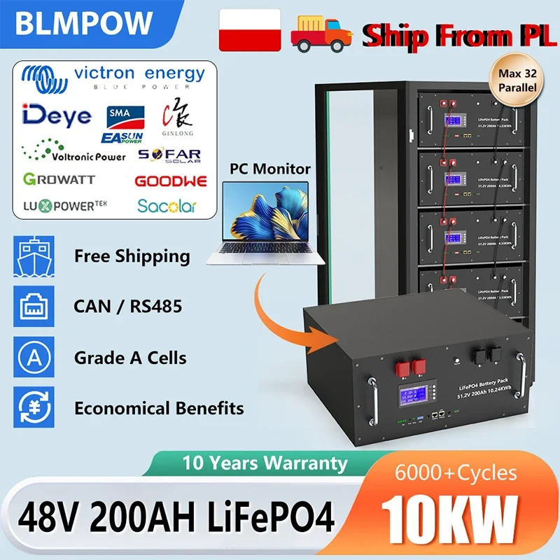 Batteria solare al litio LiFePO4 48V 300AH 15KWH 51,2V 100AH 200AH 6000+ cicli con BMS 16S 200A per inverter