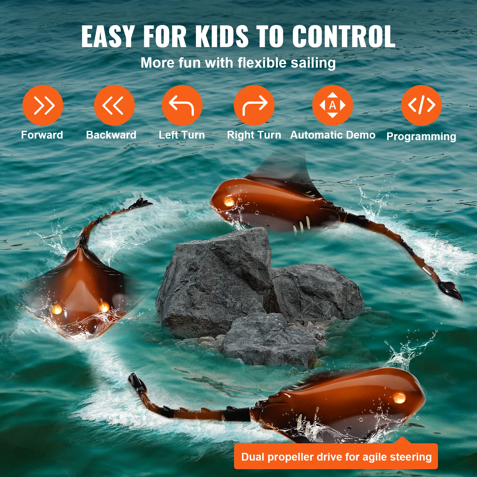 Waterproof RC Manta Ray Toy with LED Lights for Kids