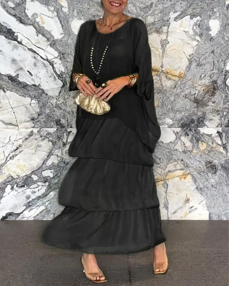 Flower Print Chiffon Dresses Women Fashion Temperament O Neck Bat Sleeve Layered Cake Dress Female Spring Summer New Vestidos