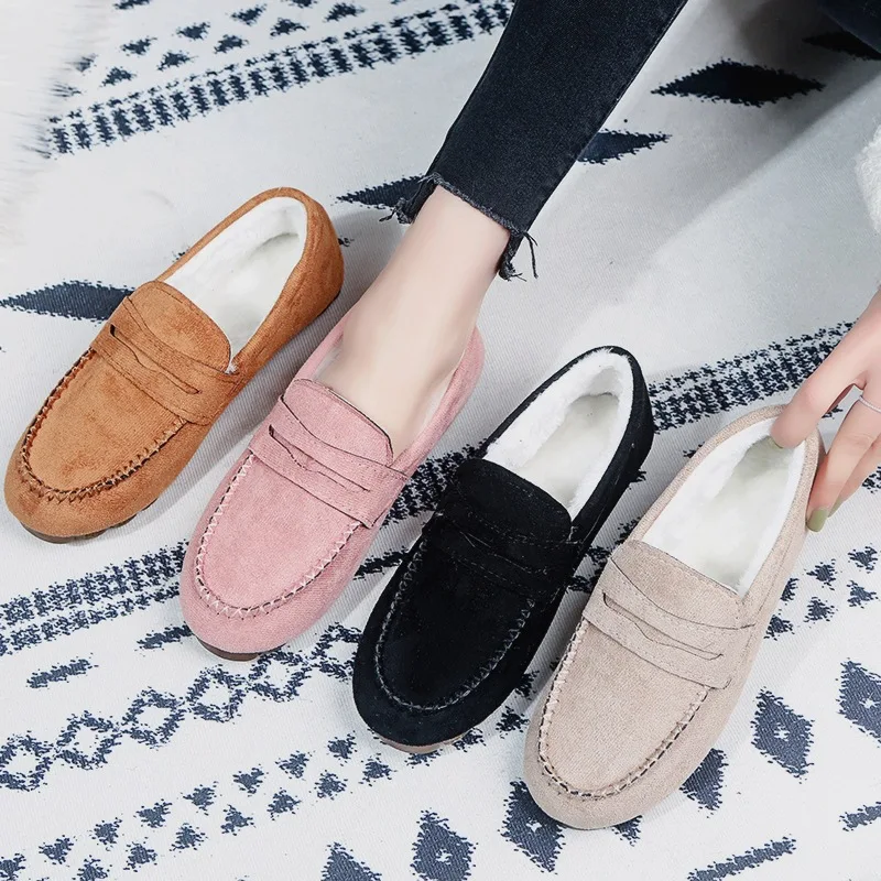 

Flat-bottomed Plus Velvet Loafers Women's Autumn and Winter 2021 Round Toe Bow Casual Shoes Lazy Shoes Non-lace Overshoes