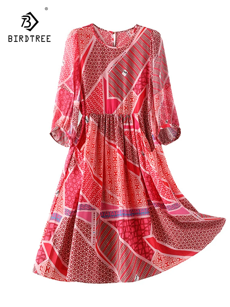 

Birdtree 100%Mulberry Silk Printed Elegant Dress Loose Covering Flesh Slimming Large Swing Beach Vacation Dresses New D3N355QC