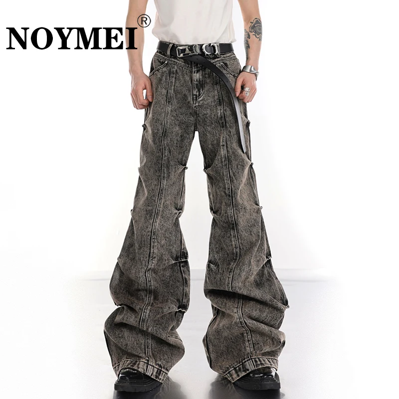 

NOYMEI Male Y2k Wide Leg Jean Pleated Vintage Fashion Men's Micro Flared Denim Pants High Street Trousers Stack Design WA3351