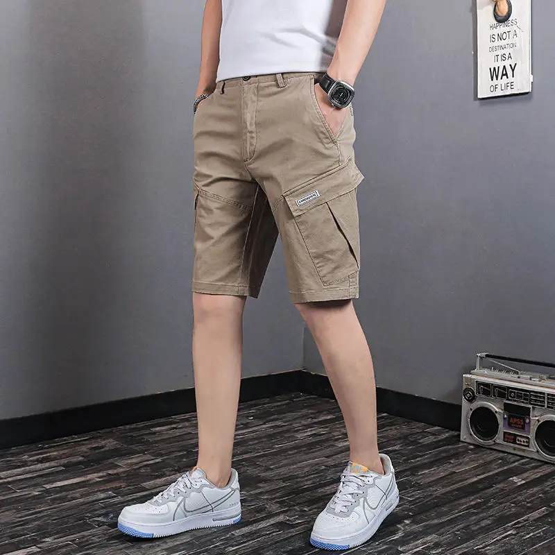 Classic Solid Color Multiple Pockets Patch Button Men's Cargo Shorts Summer Straight Cylinder Loose Comfortable Male Short