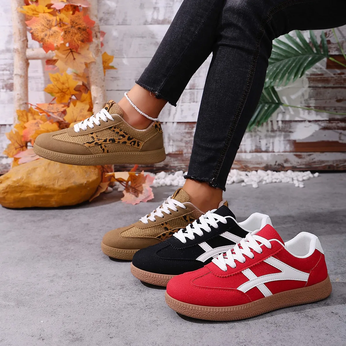 Flat Heel Plus Size 43 Sports Shoes Women All Match Low Top Mix Color Women's Sneakers Leopard Print Vulcanize Shoes Woman