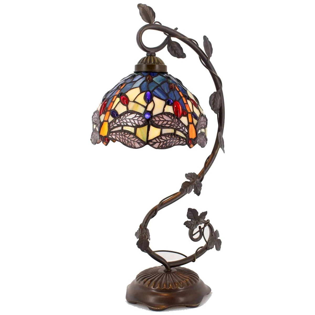 

WERFACTORY Tiffany Lamp Stained Glass Table Lamp Blue Yellow Dragonfly Style Desk Light Metal Leaf Base 8X10X21 Inches